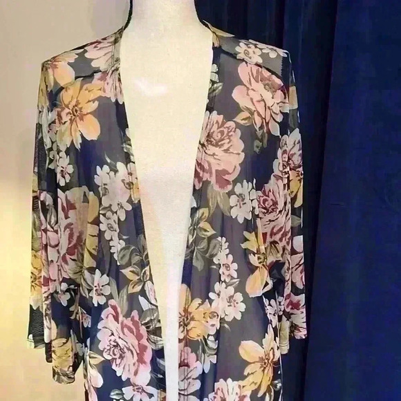 Ultra Flirt Navy Floral Long swim Coverup Mesh Duster Sixe XL - Picture 2 of 8